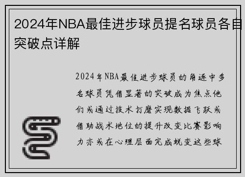 2024年NBA最佳进步球员提名球员各自突破点详解